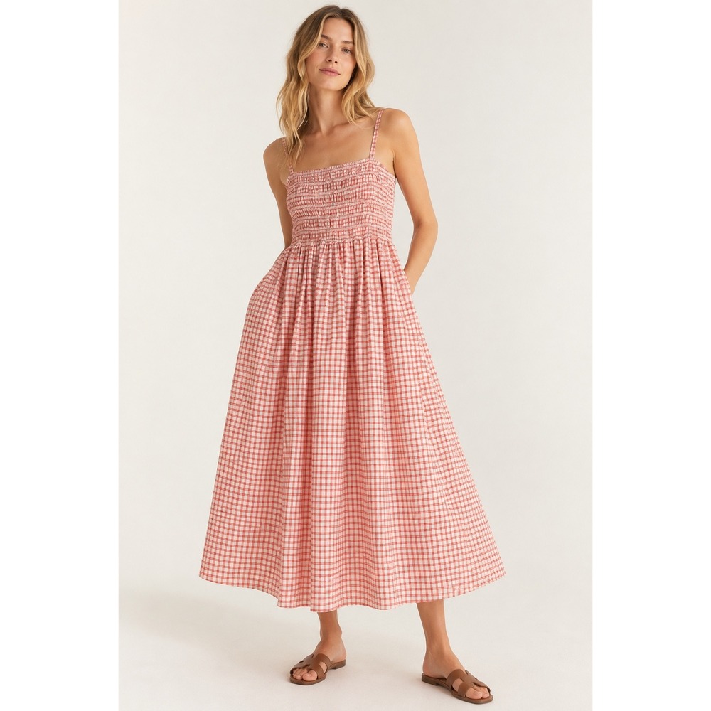Solid & Striped Gingham Smocked Midi Dress Red White Cotton XS